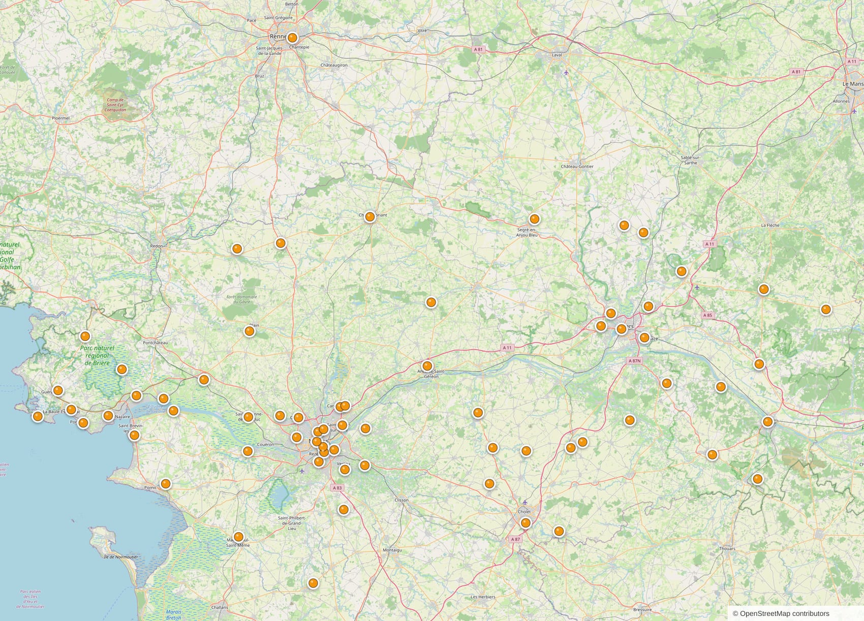 Carte du Grand Ouest : les sites suivis par Urban Cycle, de Rennes à Challans et de Guérande à Saumur